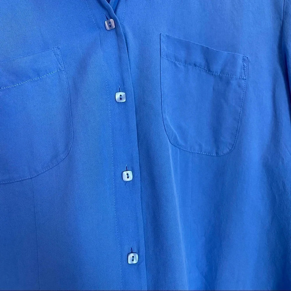 Vintage 90s 100% Silk Button Down Blouse Size Large Blue Half Sleeve Shirt Top - Picture 4 of 11